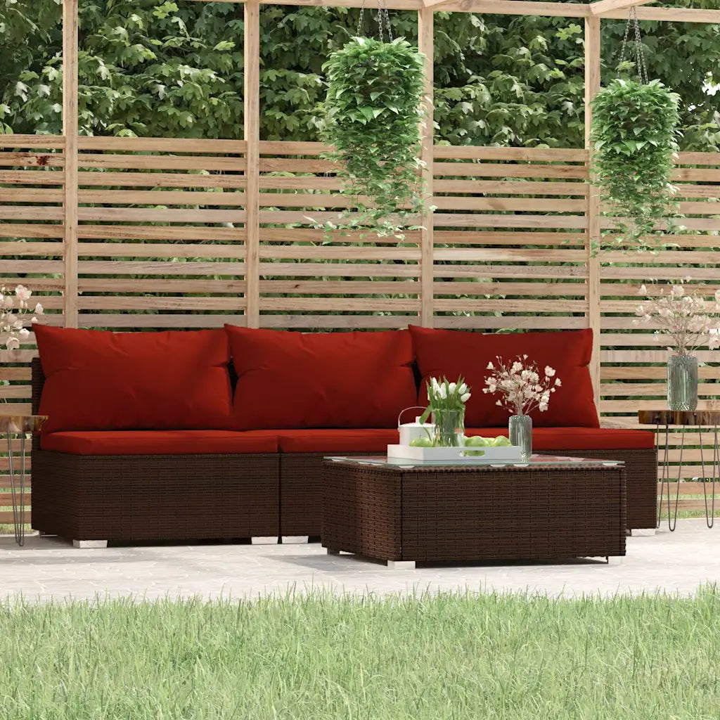 Set mobili da giardino in polyrattan marrone con cuscini rossi, 4 pezzi