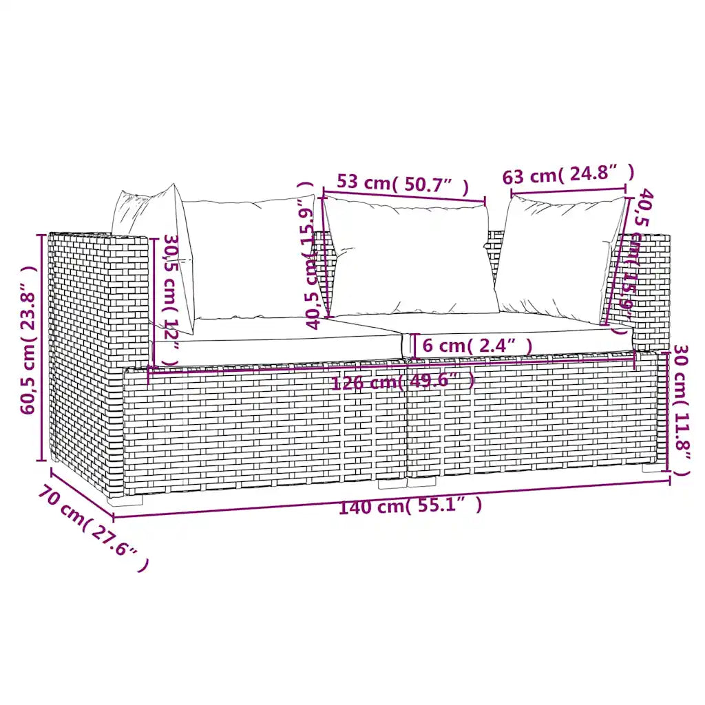 Schema dimensioni set polyrattan marrone con tavolino e cuscini verdi