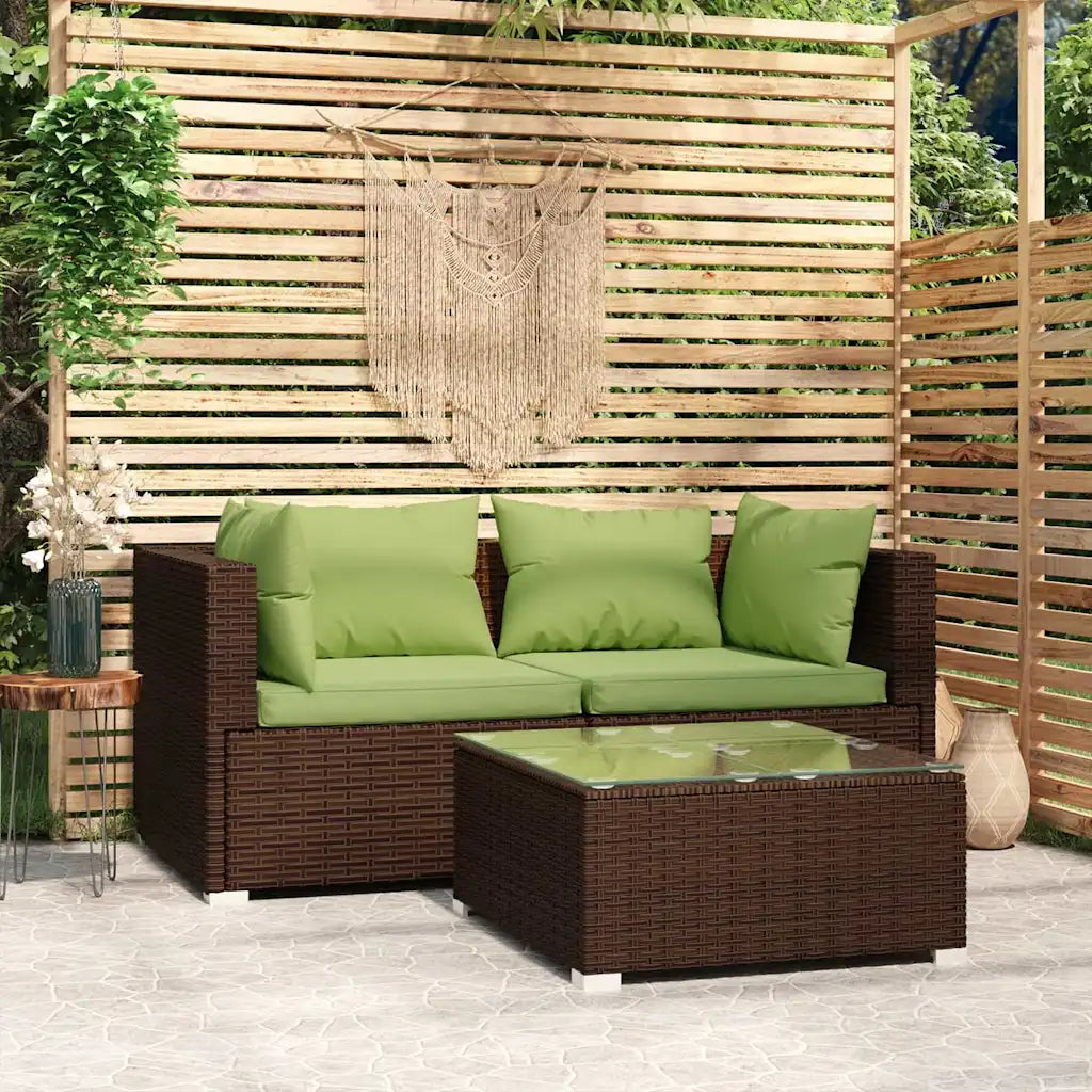 Set di mobili da giardino in polyrattan marrone con cuscini verdi e tavolino