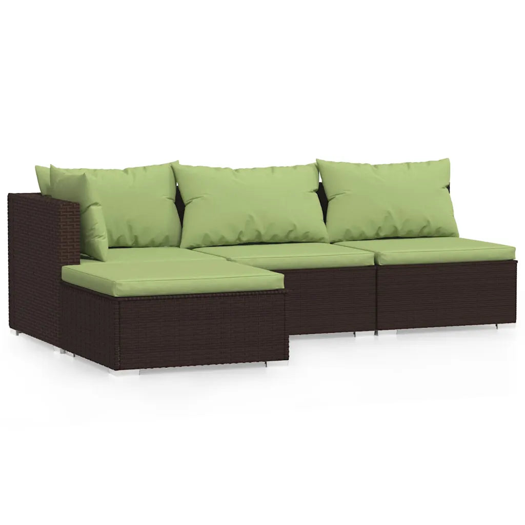 Divano da esterno in polyrattan marrone con cuscini verde oliva e schienali imbottiti
