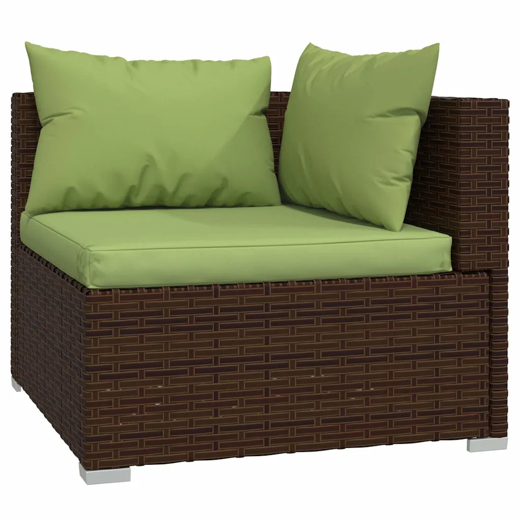 Divano da giardino in polyrattan marrone con 2 cuscini schienale e cuscino seduta verde oliva