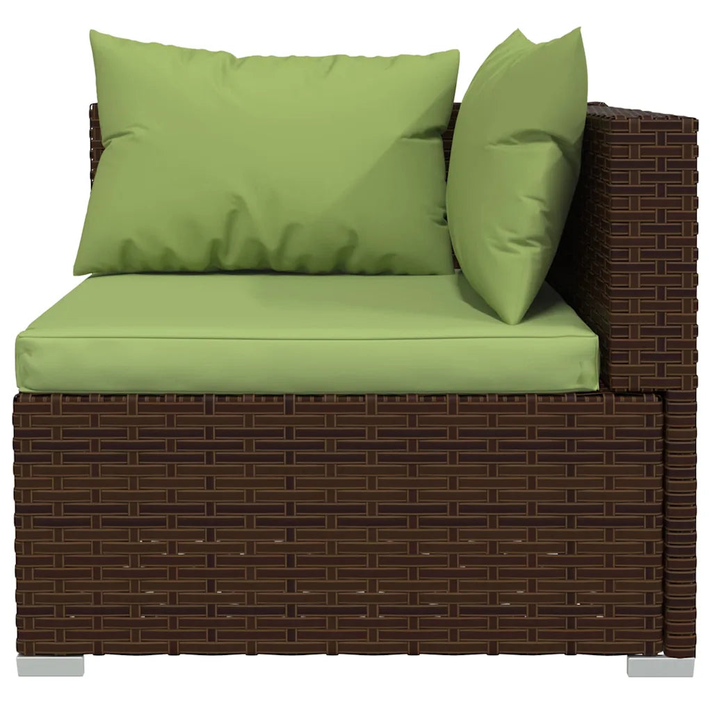 Divano da esterno in polyrattan marrone con cuscini verde oliva e seduta rettangolare imbottita