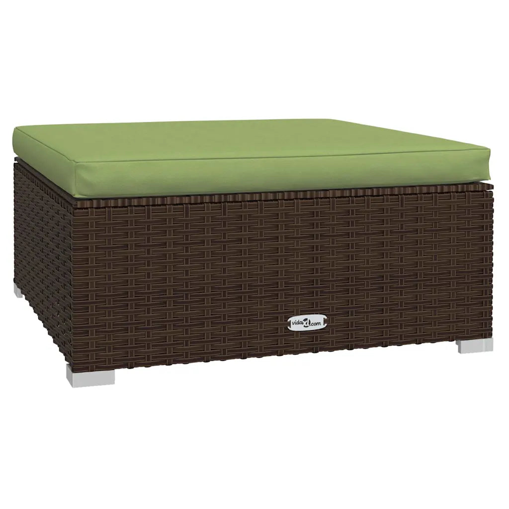 Poggiapiedi/ottoman da giardino in polyrattan marrone con cuscino verde oliva rettangolare