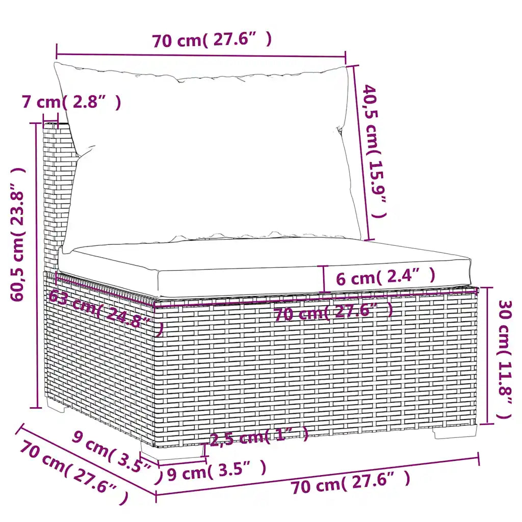 Schema dimensioni cuscino e base in polyrattan per divano da esterno, misure in cm