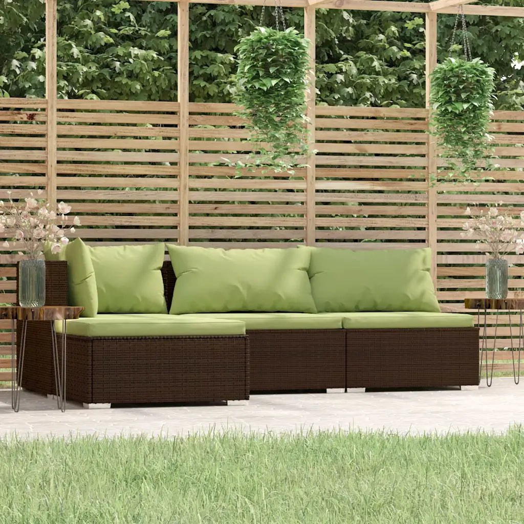 Divano da giardino in polyrattan marrone con cuscini verde oliva, seduta a moduli