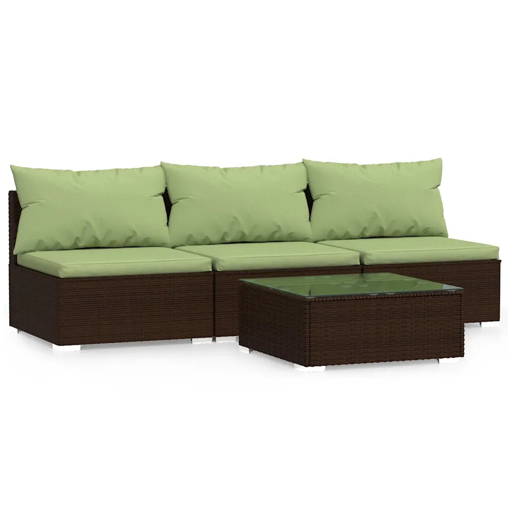 Divanetto angolare da esterno in polyrattan marrone con cuscini verdi e tavolino