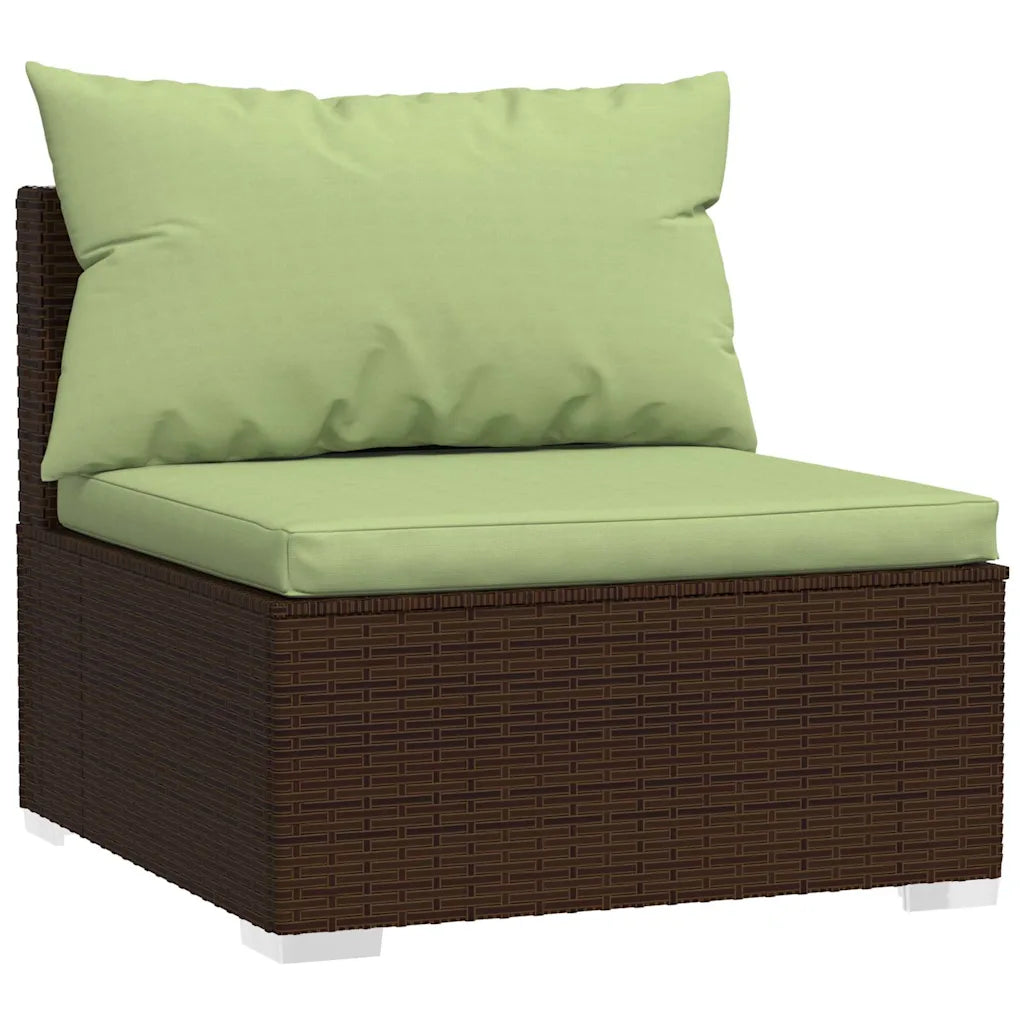 Chaise lounge da esterno in polyrattan marrone con cuscino e poggianuca verdi
