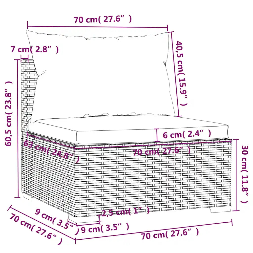 Schema dimensioni cuscino e base in polyrattan, misure in cm e pollici