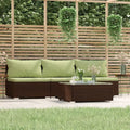Set salotto da giardino in polyrattan marrone con cuscini verdi e tavolino quadrato