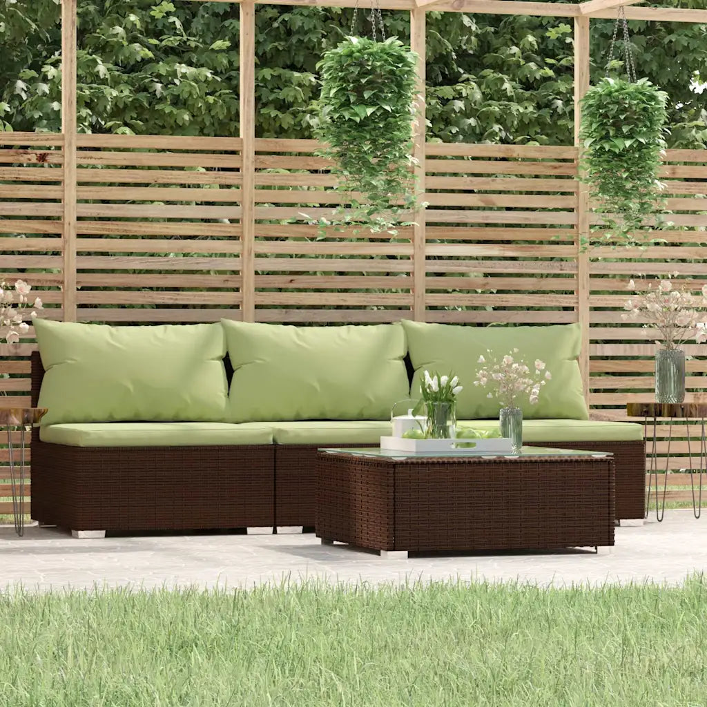 Set salotto da giardino in polyrattan marrone con cuscini verdi e tavolino quadrato