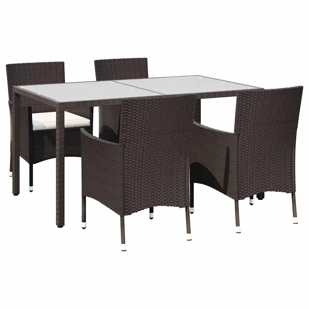Set tavolo e sedie da giardino in polyrattan marrone, piano vetro e cuscini bianchi