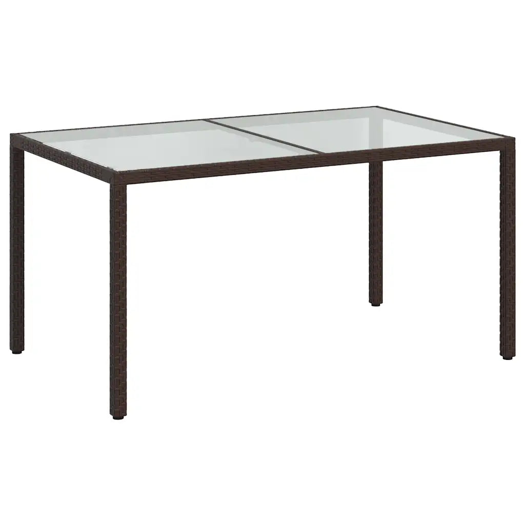 Tavolo da giardino in polyrattan marrone con piano vetro e cornice intrecciata