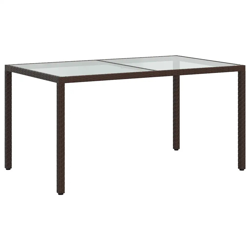 Tavolo da esterno in polyrattan marrone con piano vetro e struttura intrecciata