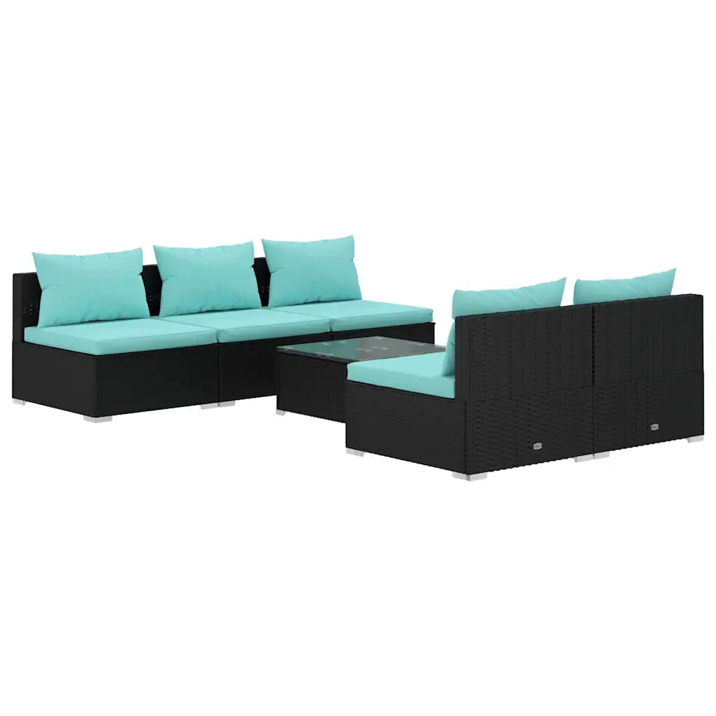 Set divano da giardino in polyrattan nero con cuscini turchesi, chaise e seduta
