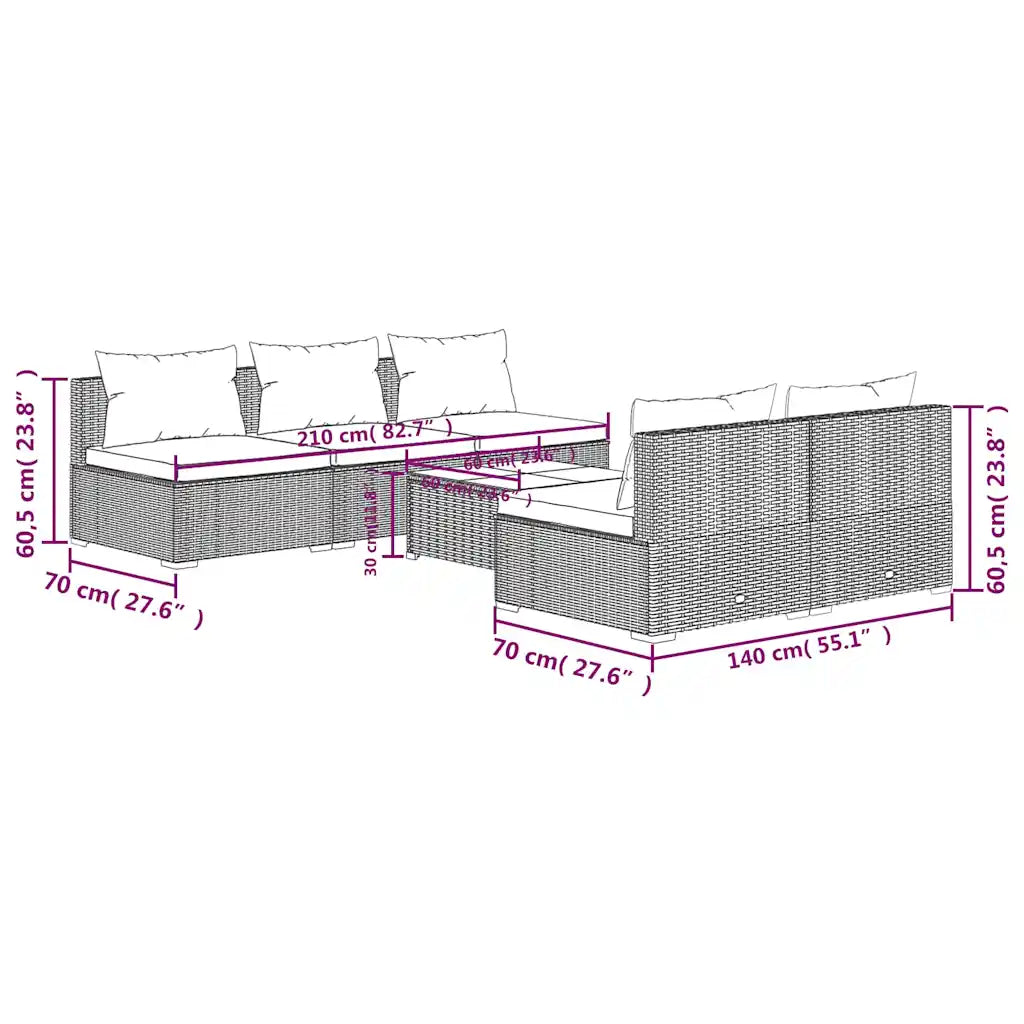 Set divano da giardino in polyrattan con cuscini, schema con misure