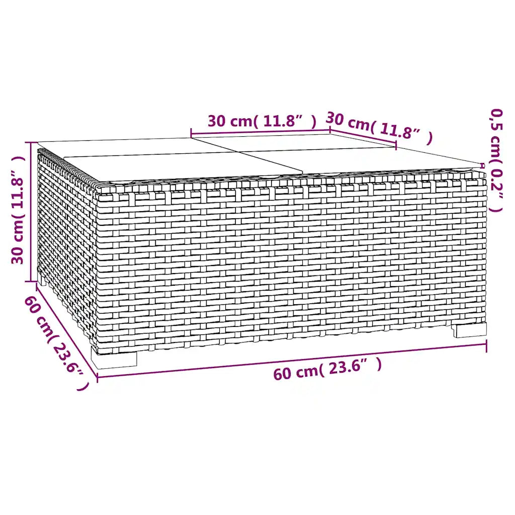 Sezione frontale del tavolino da giardino in polyrattan, schema misure