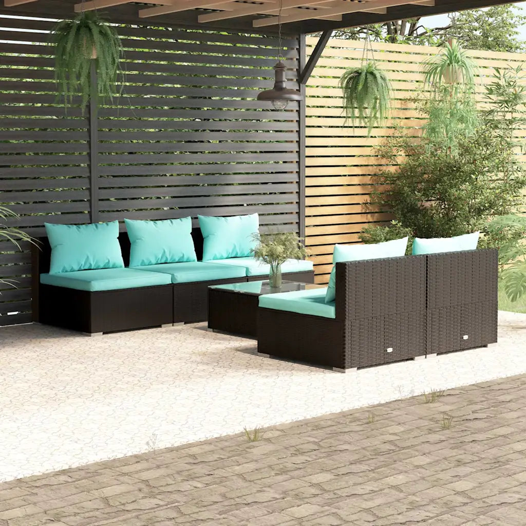 Set divano da giardino in polyrattan nero con cuscini turchesi, moduli angolari
