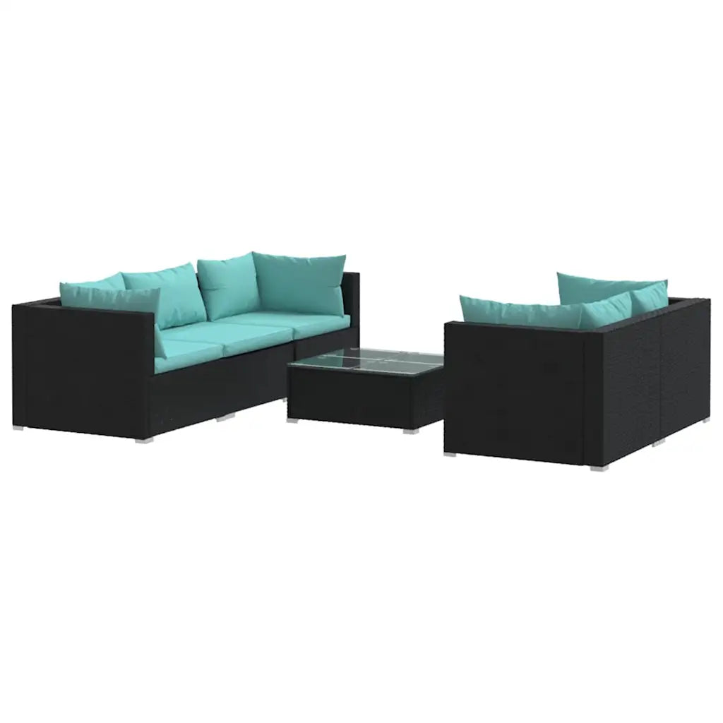 Set di mobili da giardino: divano e poltrone con cuscini turchesi, polyrattan nero
