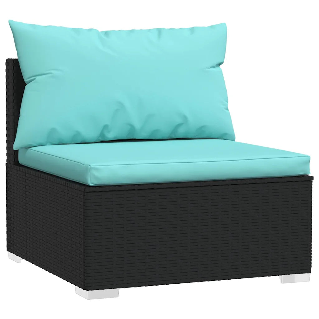 Modulo divano da giardino in polyrattan nero con cuscini turchesi