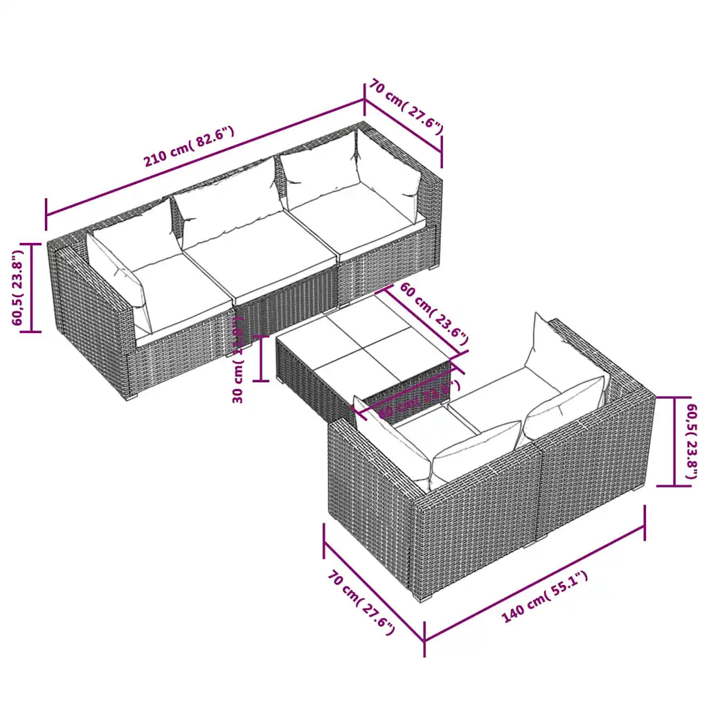 Schizzo dimensioni set divani da giardino in polyrattan nero con misure indicate