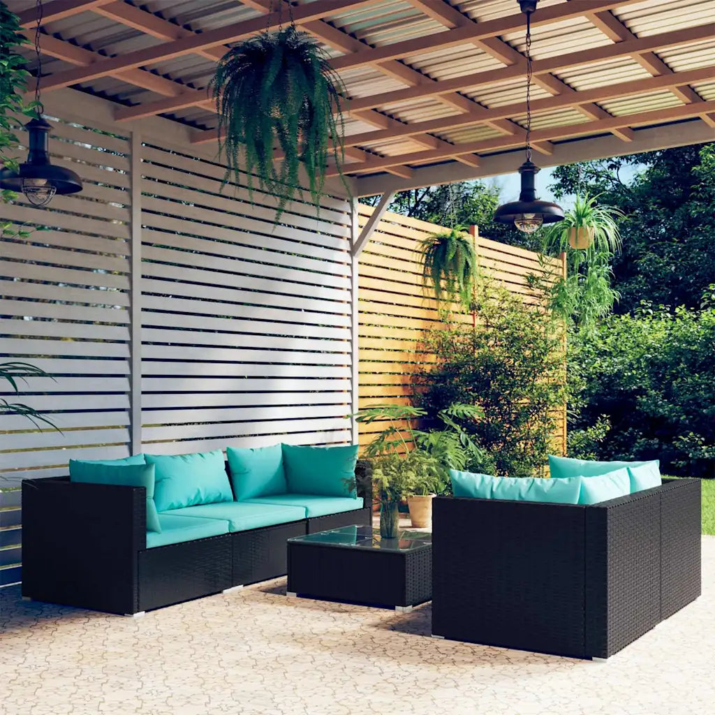 Set di mobili da giardino con divano e sedute in polyrattan nero, cuscini turchesi