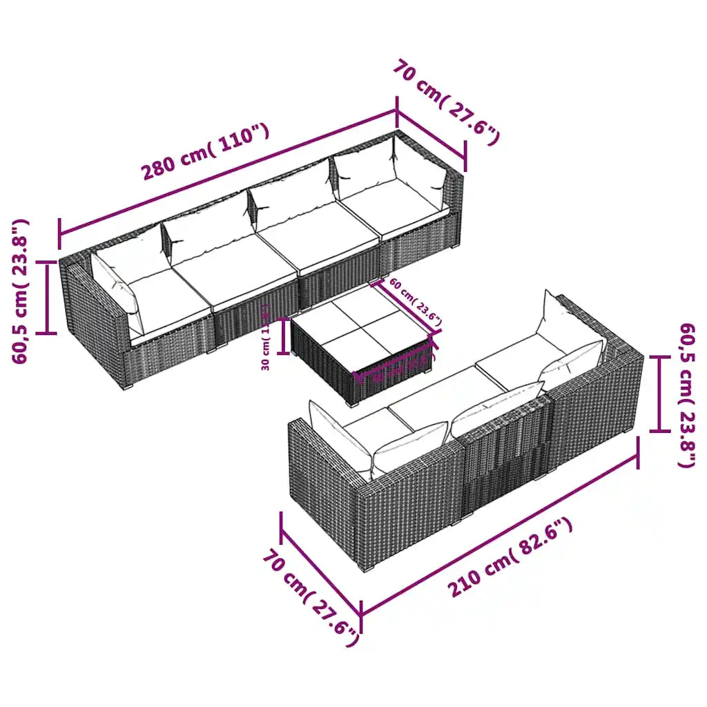 Schema del set da giardino: disposizione dei moduli e dimensioni complessive.