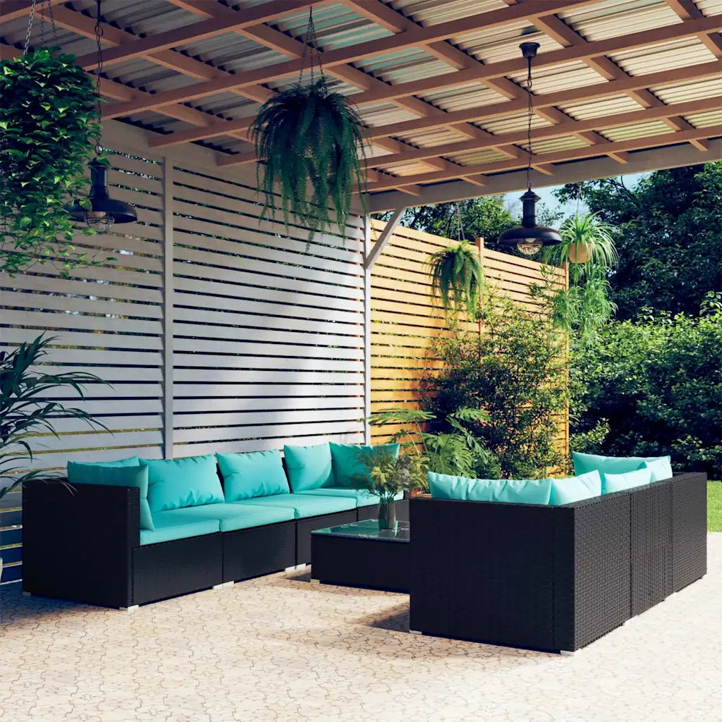 Set di mobili da giardino in polyrattan nero con cuscini turchese, divani angolari.