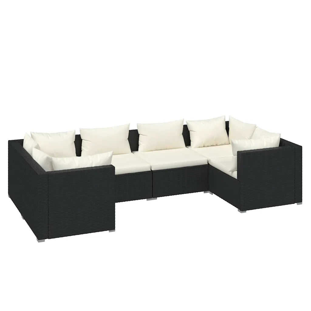 Divano angolare modulare in polyrattan nero con cuscini bianchi e schienali