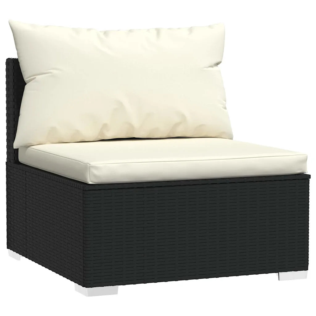 Seduta singola in polyrattan nero con cuscini bianchi e bracciolo