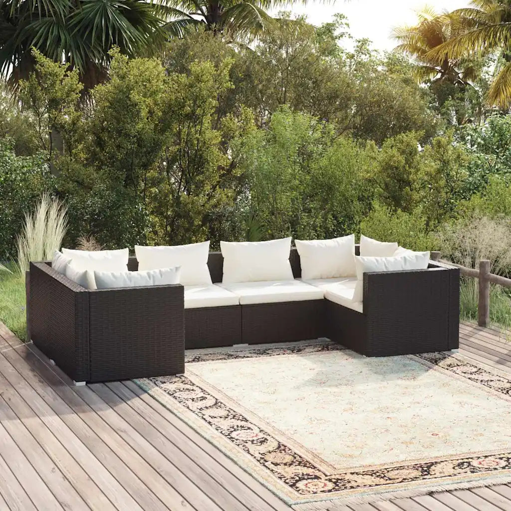 Set divano angolare da giardino in polyrattan nero con cuscini bianchi, 6 pezzi