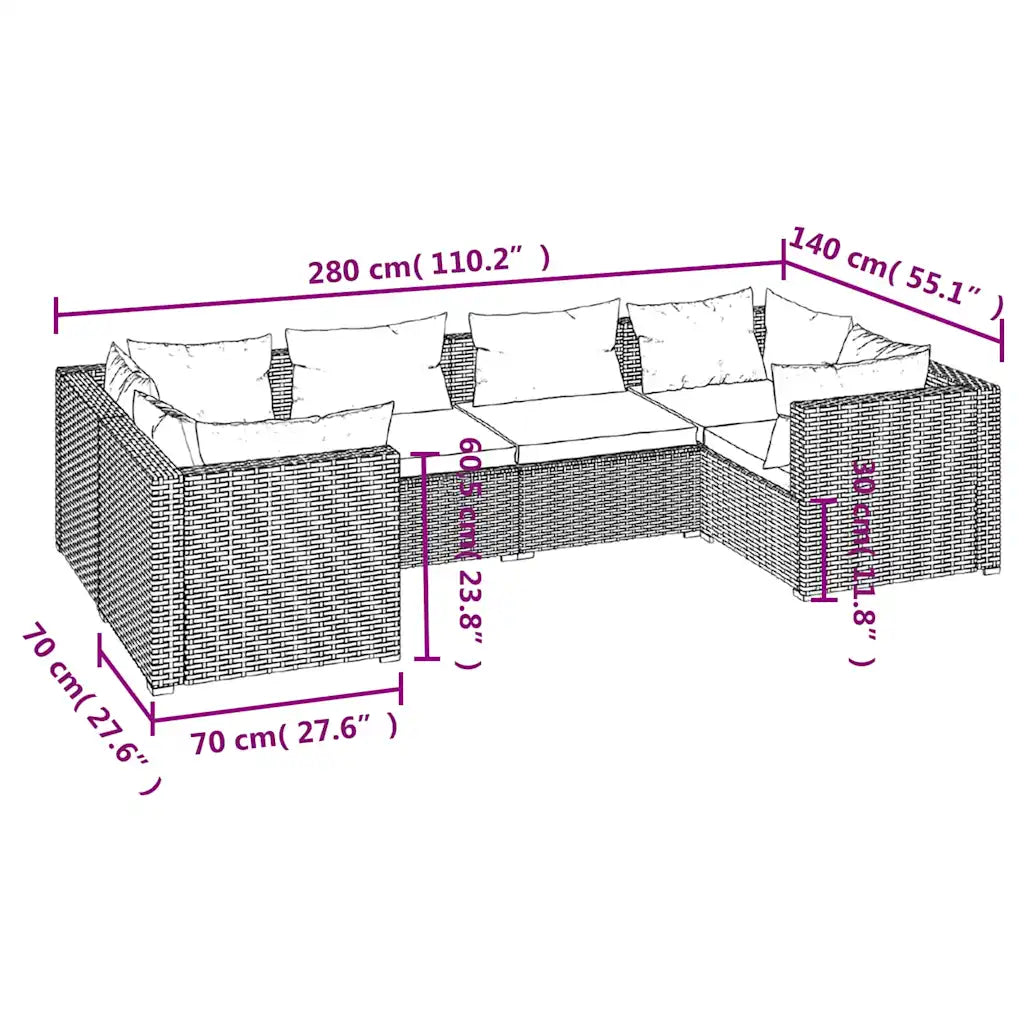 Disegno tecnico del set angolare da giardino in polyrattan nero, 6 pezzi