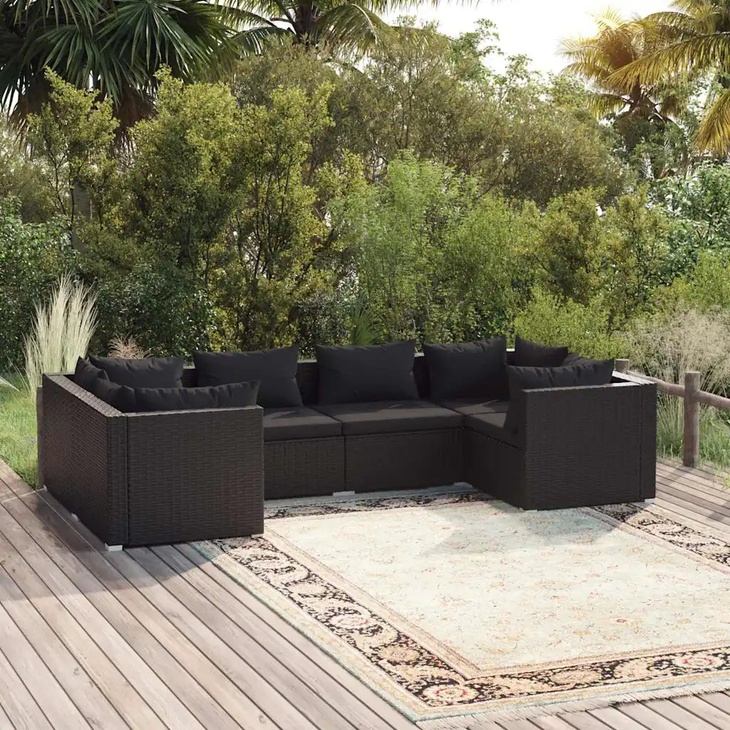 Set angolare da giardino in polyrattan nero con cuscini, 6 pezzi
