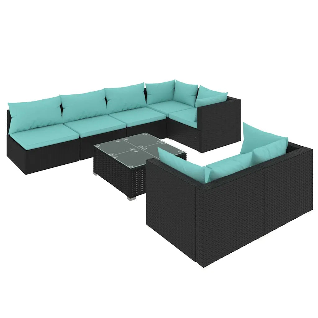 Set da giardino in polyrattan nero con divanetto angolare, tavolino e cuscini turchesi
