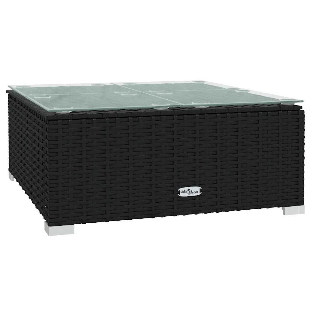 Tavolino da giardino in polyrattan nero con piano in vetro e base intrecciata