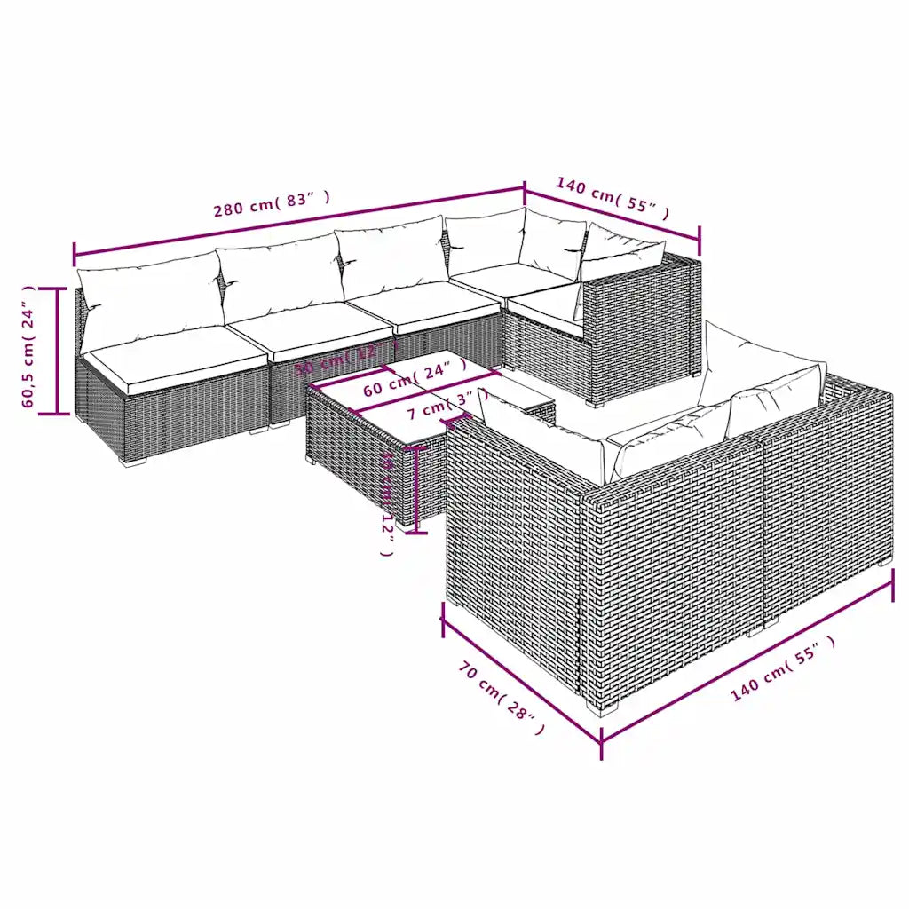 Set da giardino in polyrattan nero con cuscini turchesi, vista dimensioni