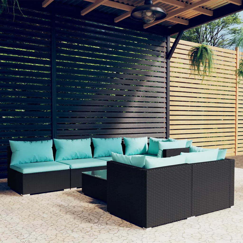 Set da giardino in polyrattan nero con cuscini turchesi e sedute a angolo