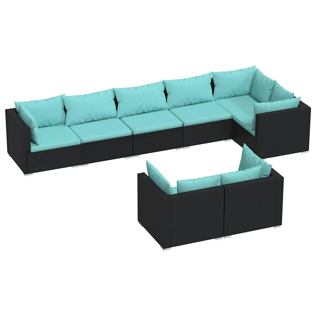 Set divano da giardino in polyrattan nero con cuscini turchesi, vista completa