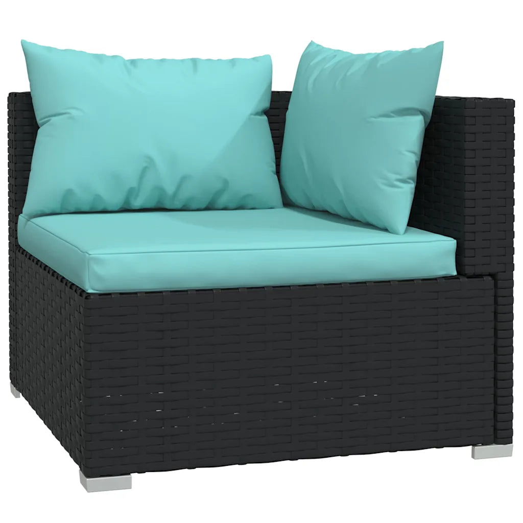 Poltrona da giardino in polyrattan nero con cuscini turchesi e 2 cuscini decorativi