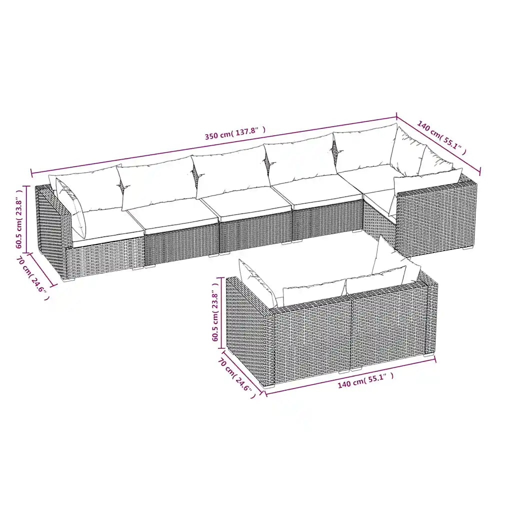 Disegno tecnico set divano da giardino in polyrattan grigio con misure