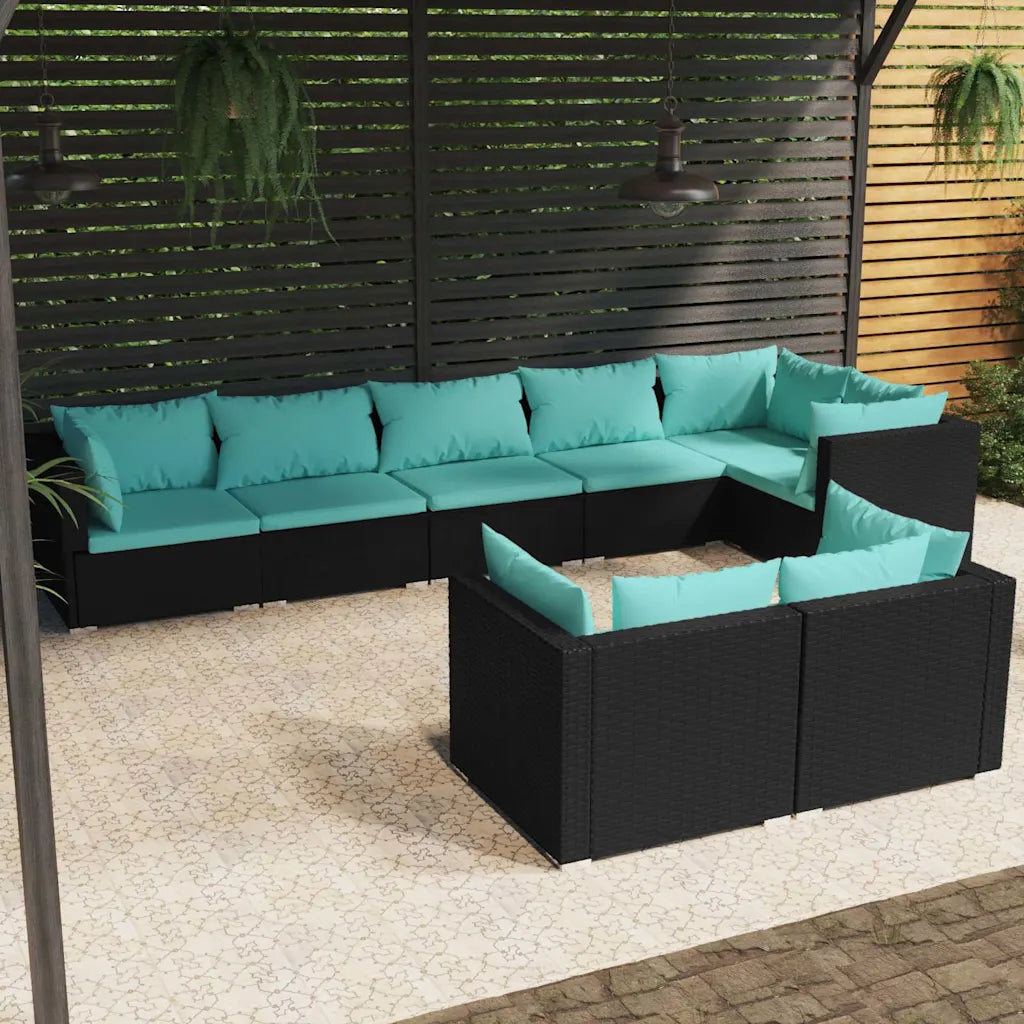 Set divano da giardino in polyrattan nero con cuscini turchesi e tavolino