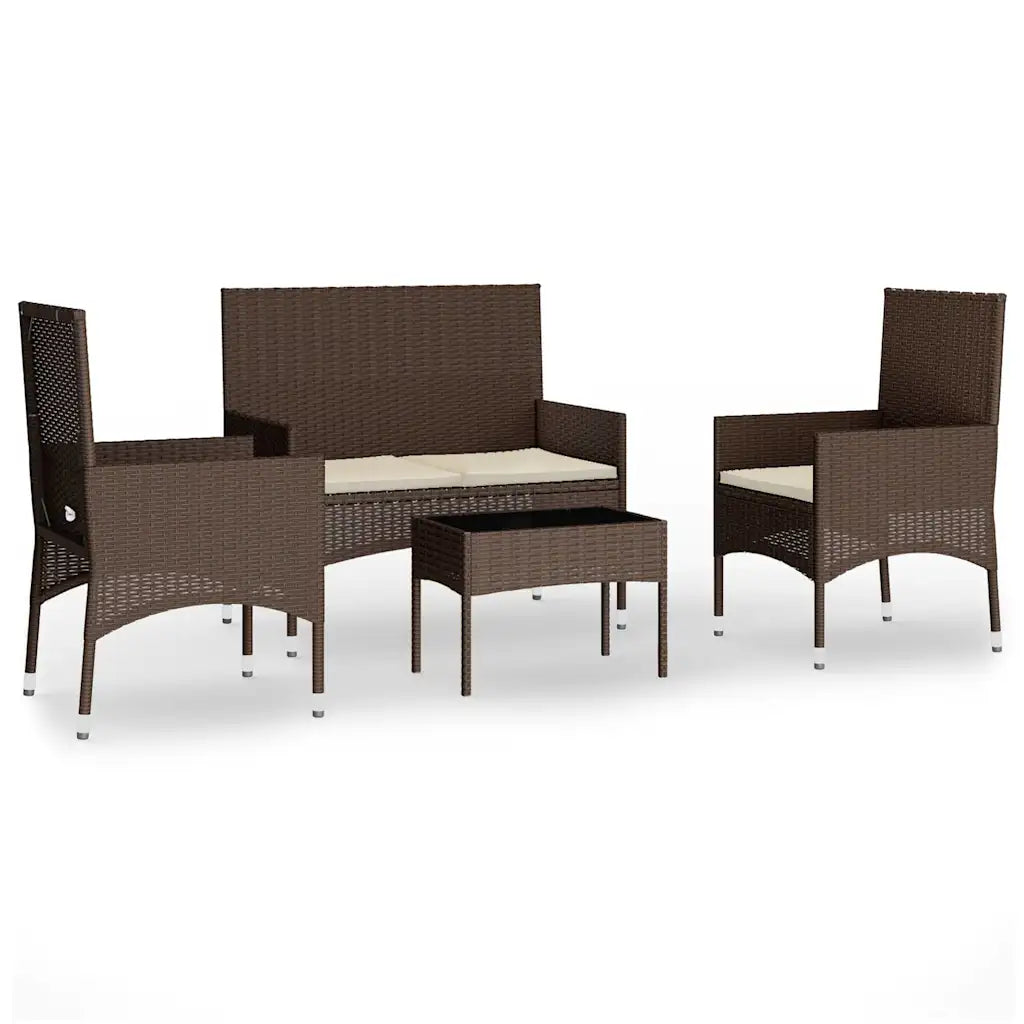 Set salotto da esterno in polyrattan marrone: divanetto, 3 sedie e tavolino con cuscini chiari