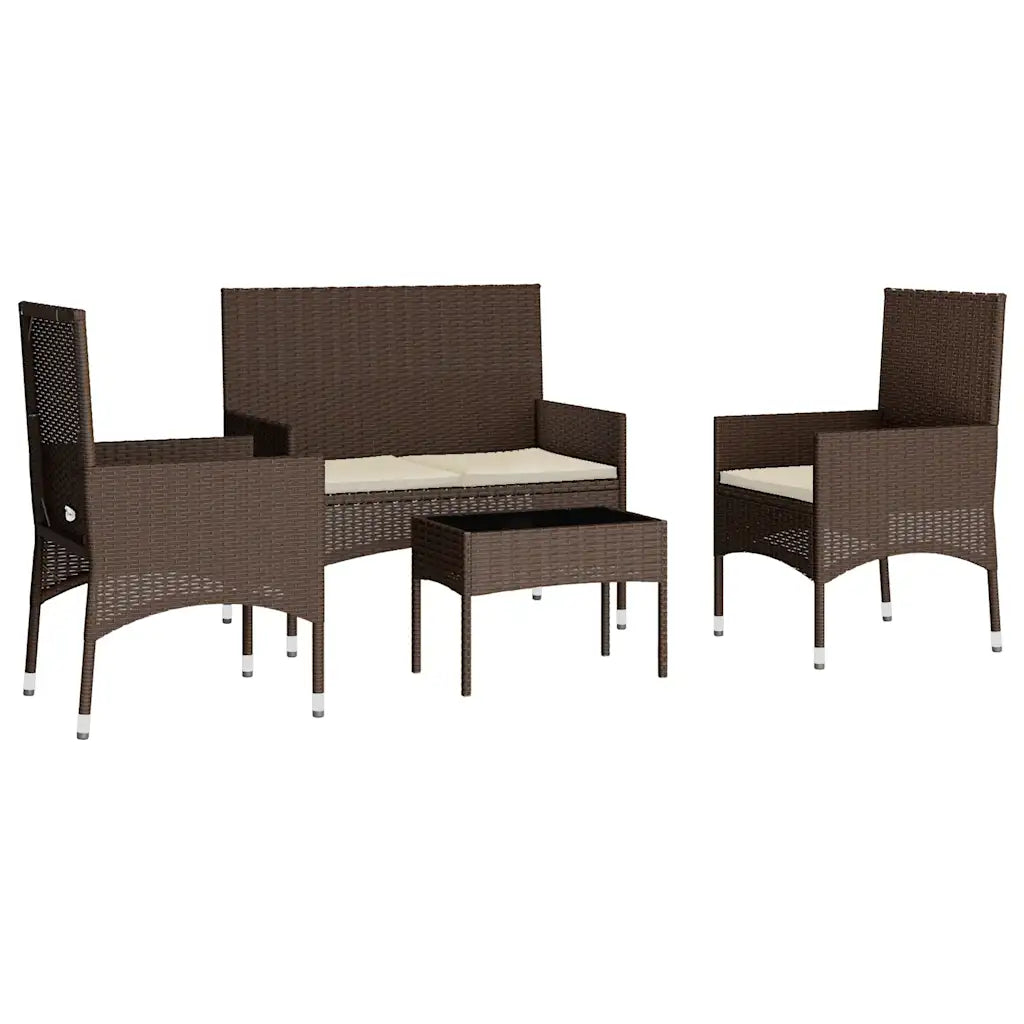 Set mobili da giardino in polyrattan marrone: divanetto con 2 sedie e tavolino, cuscini chiari