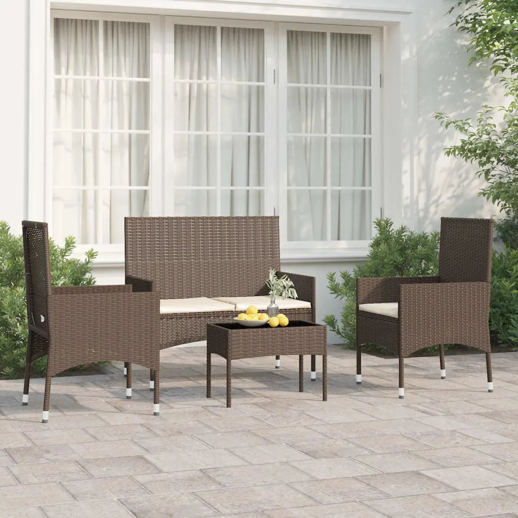 Set mobili da giardino in polyrattan marrone: divanetto con 2 sedie e tavolino, con cuscini