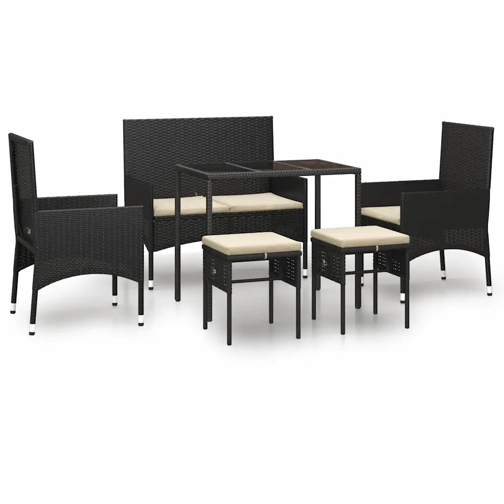 Set mobili da giardino nero: tavolo rettangolare e 4 sedie con cuscini chiari