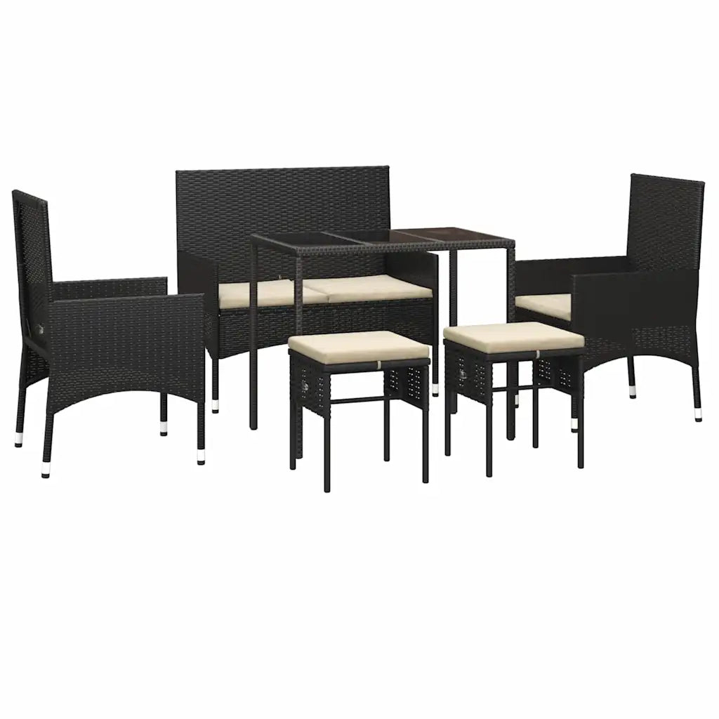 Set mobili da giardino in polyrattan nero con tavolo e sedie, cuscini imbottiti chiari