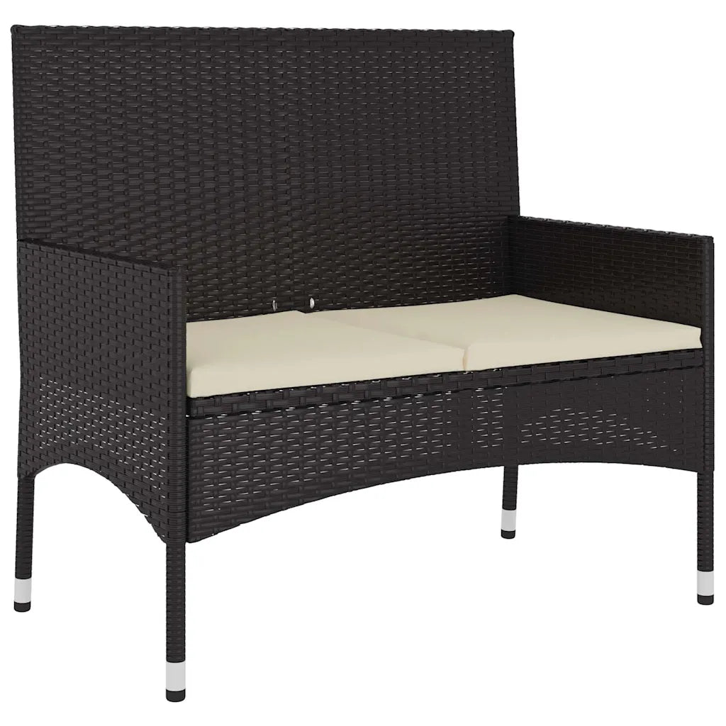 Panca da giardino in polyrattan nero con schienale e cuscini chiari