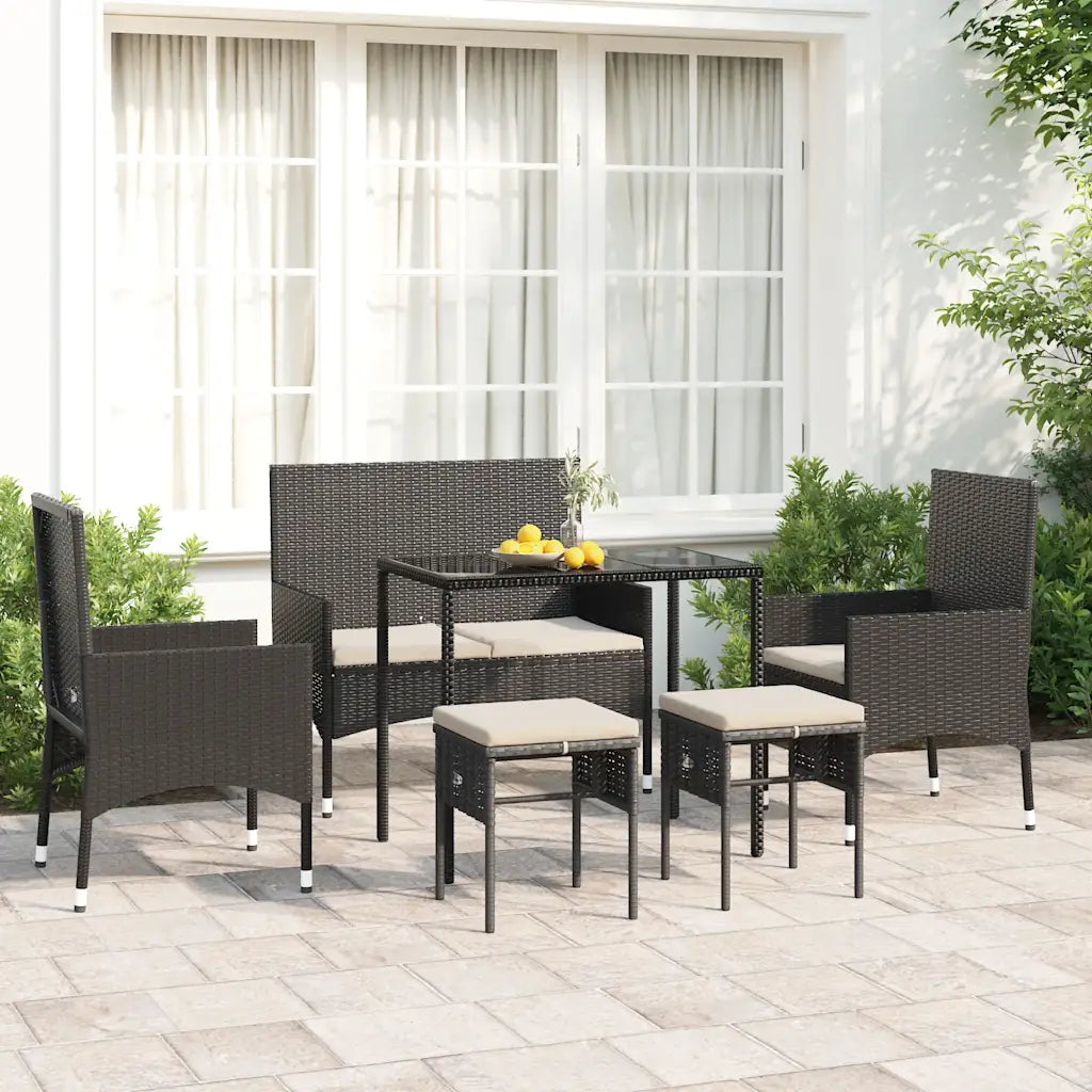 Set mobili da giardino in polyrattan nero con tavolo e 4 sedie, cuscini chiari