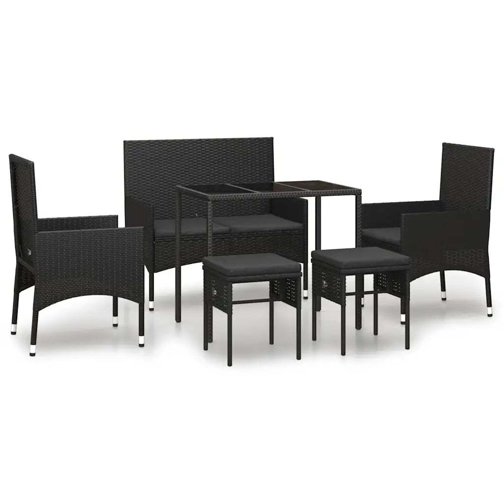 Set da esterno in polyrattan nero con tavolo e sedie, cuscini inclusi