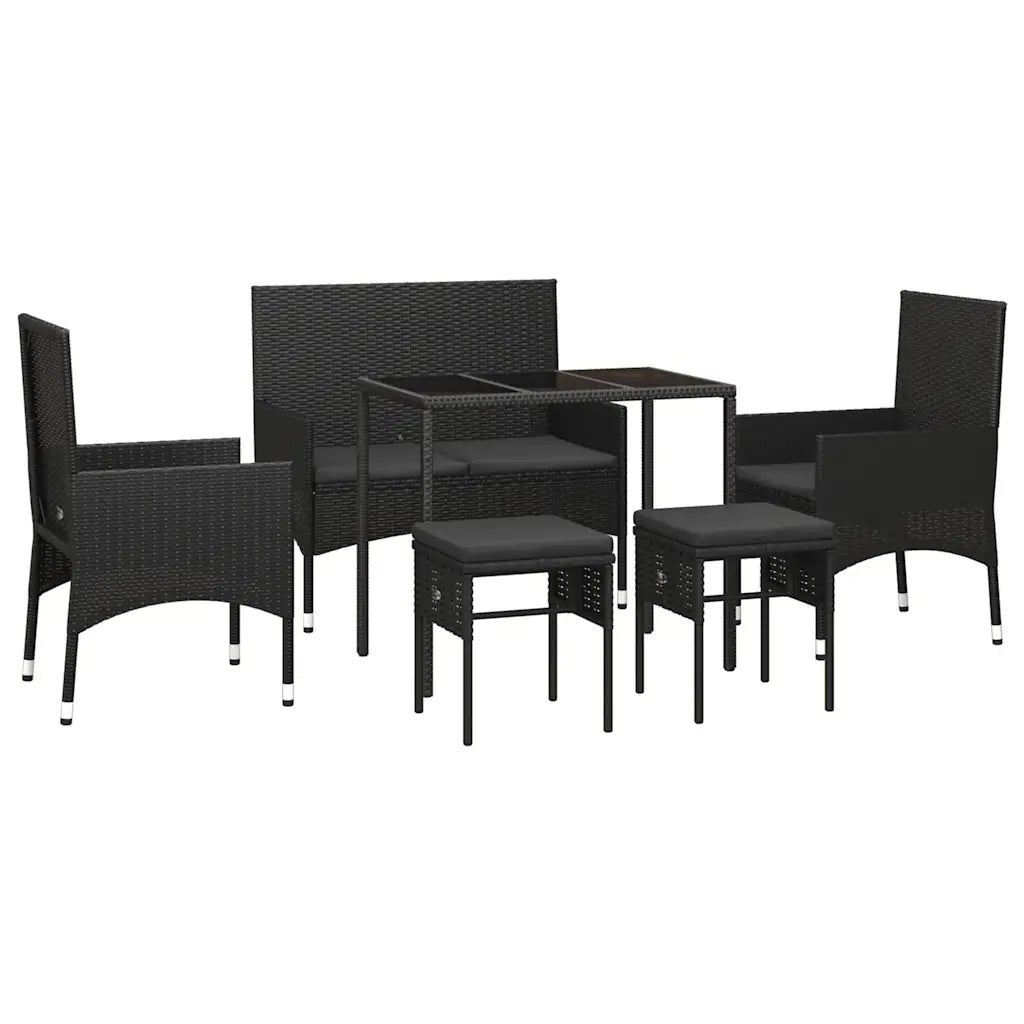 Set da giardino in polyrattan nero con tavolo rettangolare e 4 sedie con cuscini