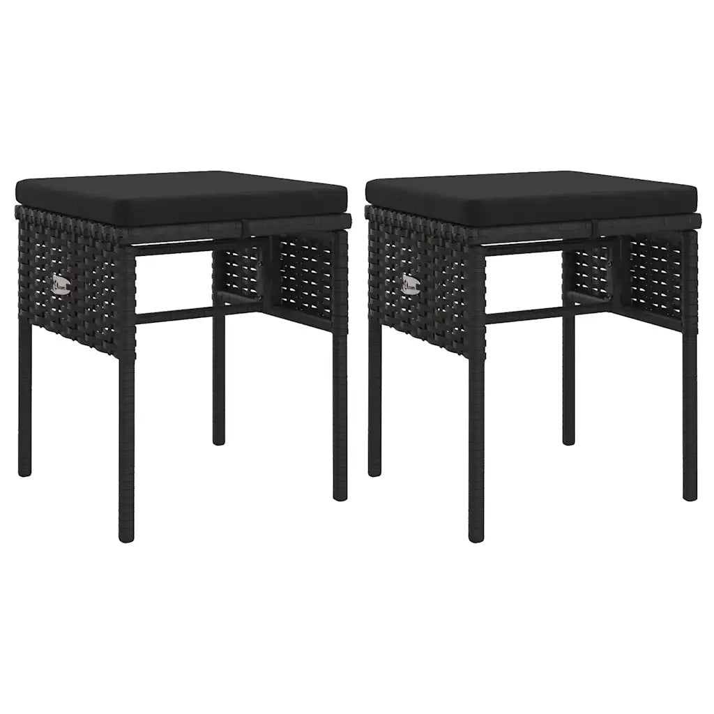 Coppia di sgabelli rettangolari in polyrattan nero con cuscini scuri